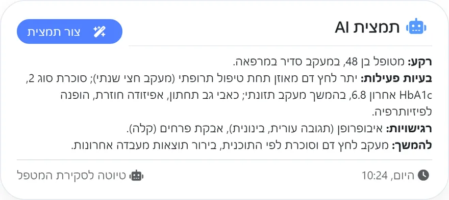 תמצית AI בתיק המטופל של PrisMed: טיוטת סיכום שנוצרה מנתוני התיק וממתינה לסקירת המטפל