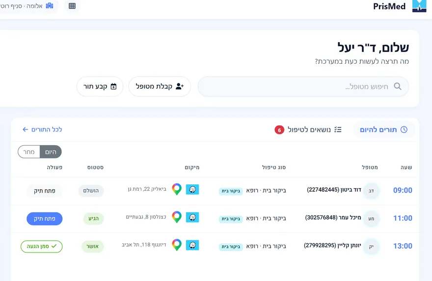 יום ביקורי בית ב-PrisMed: שלושה מטופלים בכתובות שונות עם ניווט בלחיצה וסטטוס לכל ביקור